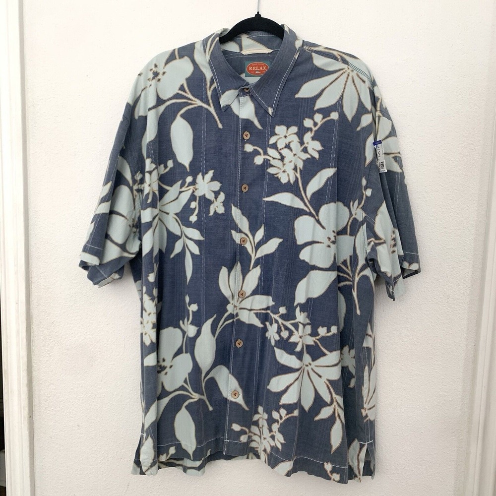Tommy Bahama RELAX Floral Hawaiian Shirt Tropical‎ Button Short Sleeve Blue  XXL